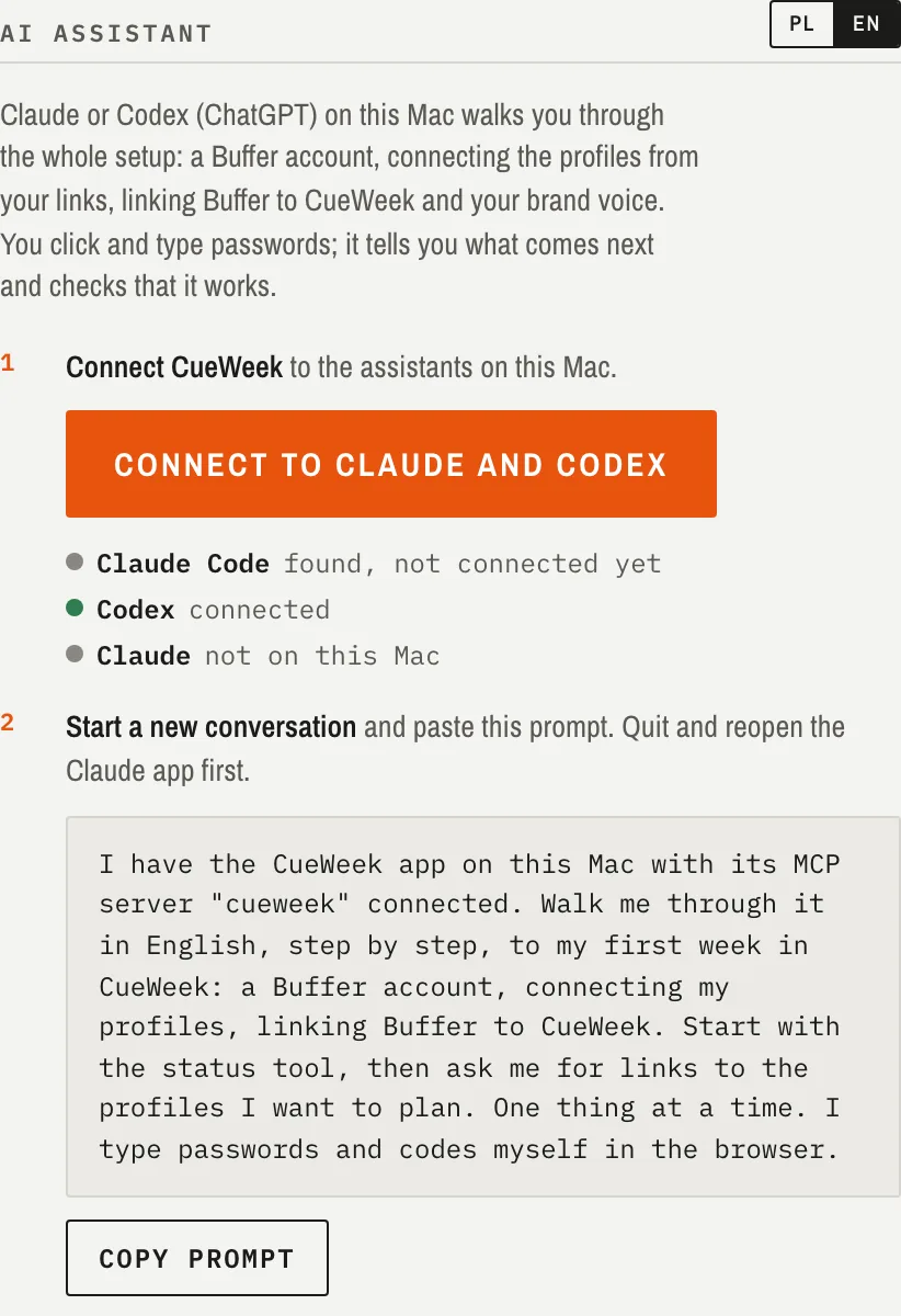 CueWeek AI assistant settings with the Connect to Claude and Codex button and a ready prompt