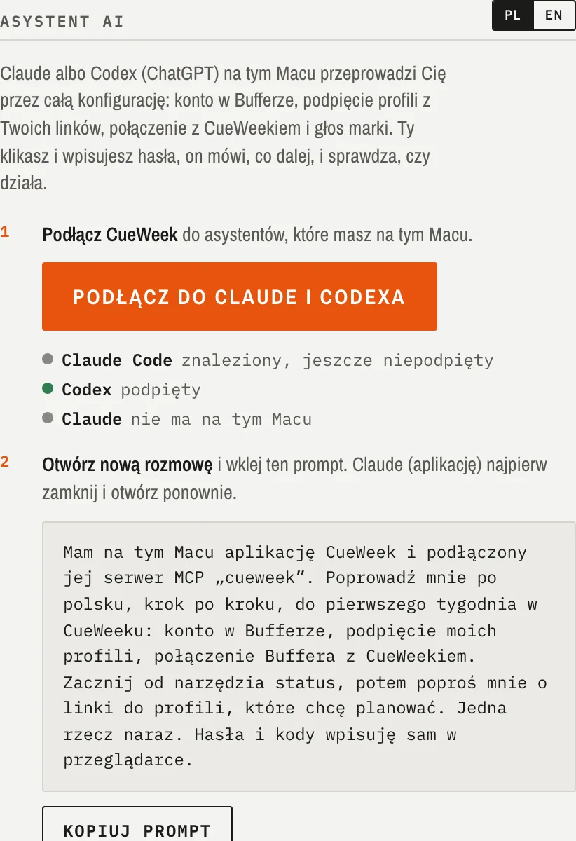 Panel Asystent AI w ustawieniach CueWeeka z przyciskiem Podłącz do Claude i Codexa i gotowym promptem