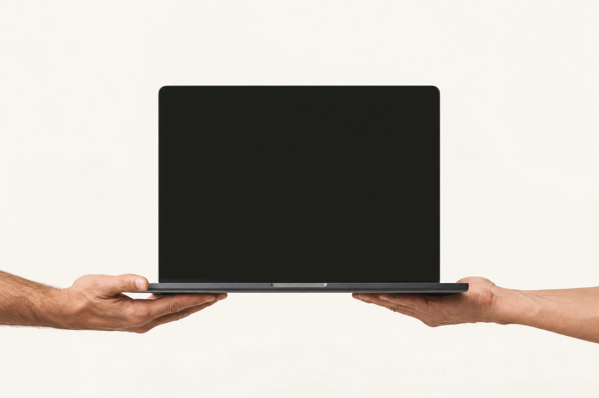 Two people hand a laptop with CueWeek open to each other.